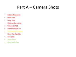 Part A – Camera Shots
•   Establishing shot
•   Wide shot
•   Long Shot
•   Mid/medium shot
•   Close up shot
•   Extreme close up
•   POV (point of view)
•   Over the shoulder
•   Two shot
•   Aerial shot
•   Overhead shot
 