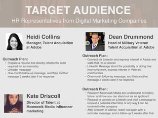HR Representatives from Digital Marketing Companies
TARGET AUDIENCE
Heidi Collins
Outreach Plan:
• Prepare a resume that directly re
fl
ects the skills
required for an internship
• Linkedin messager
• One-month follow-up message, and then another
message 2 weeks later if no response
PROFILE
PICTURE Manager, Talent Acquisition
at Adobe
Outreach Plan:
• Connect via Linkedin and express interest in Adobe and
state that I’m a veteran
• LinkedIn Message about the possibility of doing free
internship work, express interest in Veteran
communities
• One-month follow-up message, and then another
message 2 weeks later if no response
Kate Driscoll
Outreach Plan:
• Research Moonwalk Media and understand its history,
future, and how you can stand out as an applicant
• Request to connect on LinkedIn and craft a message to
request a potential internship or any way I can be
involved in the company
• After a month of silence, reach out again with a
reminder message, and a follow-up 2 weeks after that.
Director of Talent at
Moonwalk Media In
fl
uencer
marketing
Head of Military Veteran
Talent Acquisition at Adobe
Dean Drummond
 