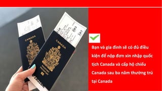 Bạn và gia đình sẽ có đủ điều
kiện để nộp đơn xin nhập quốc
tịch Canada và cấp hộ chiếu
Canada sau ba năm thường trú
tại C...