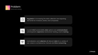 Problem
What we're solving
Regulation is increasing the data collection and reporting
demands for investors, banks, and co...