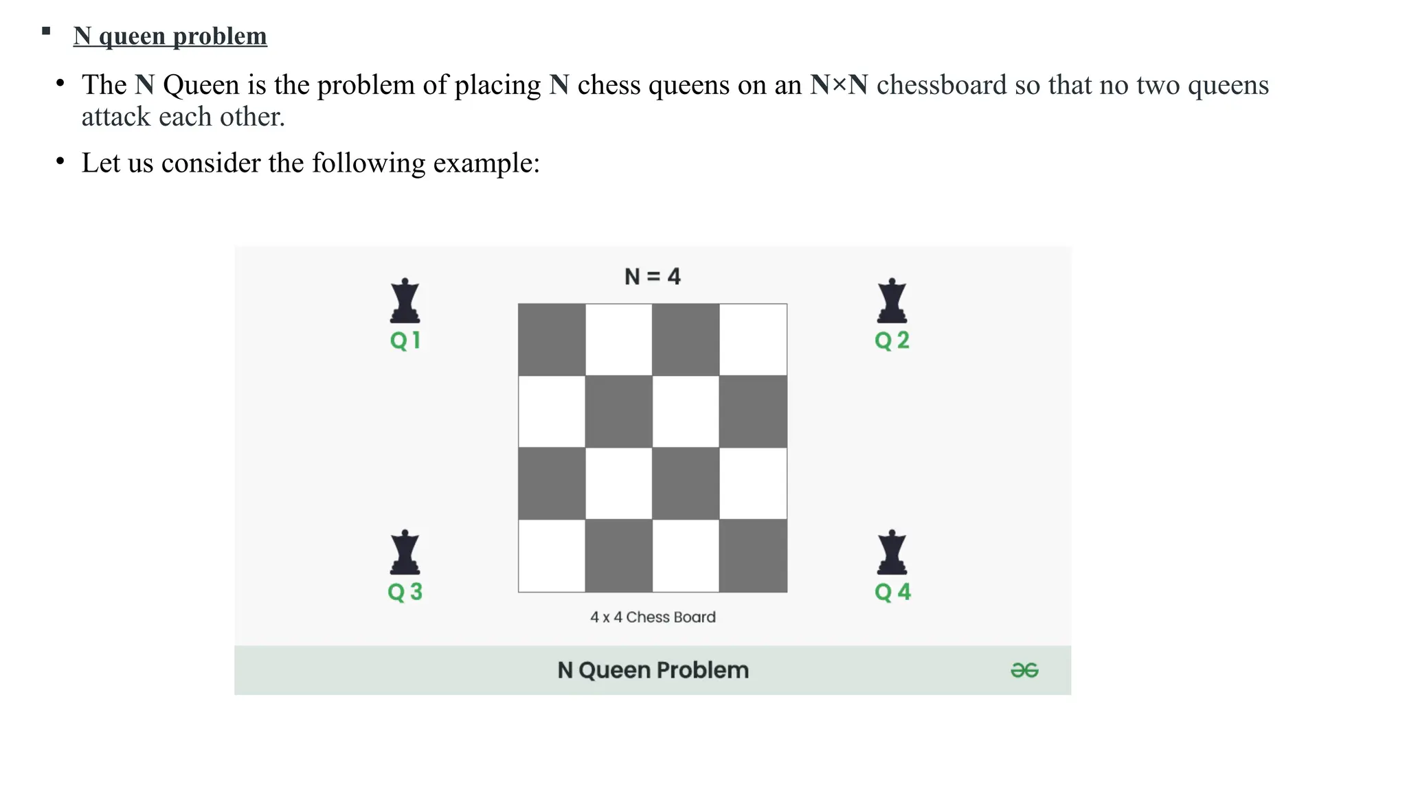  N queen problem
• The N Queen is the problem of placing N chess queens on an N×N chessboard so that no two queens
attack each other.
• Let us consider the following example:
 