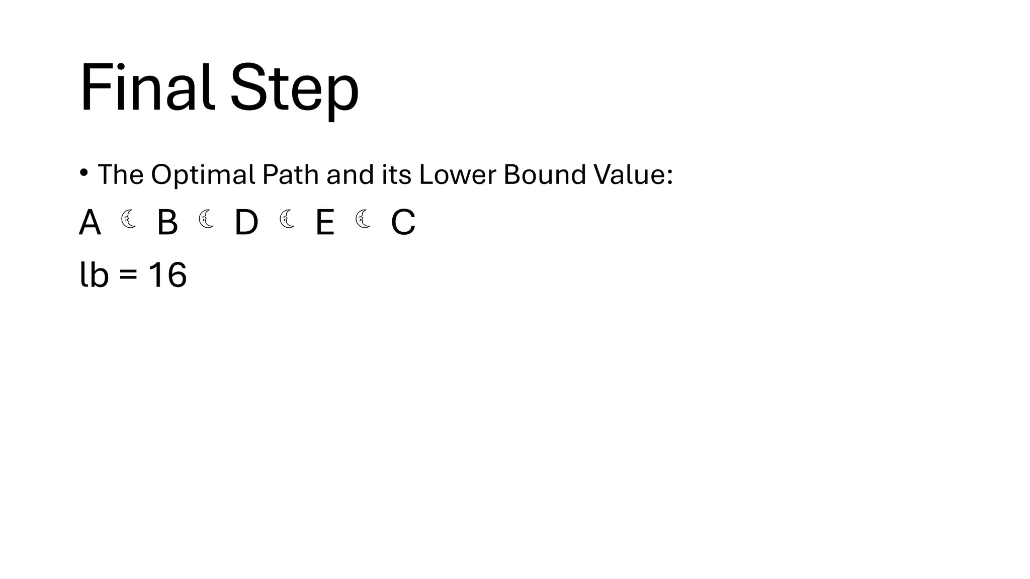 Final Step
• The Optimal Path and its Lower Bound Value:
A  B  D  E  C
lb = 16
 
