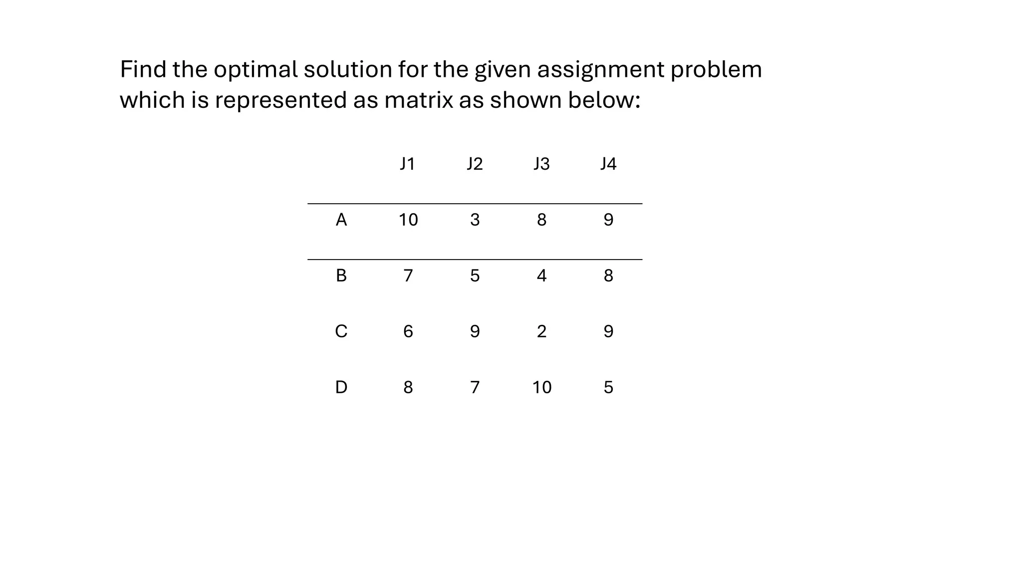 J1 J2 J3 J4
A 10 3 8 9
B 7 5 4 8
C 6 9 2 9
D 8 7 10 5
Find the optimal solution for the given assignment problem
which is represented as matrix as shown below:
 