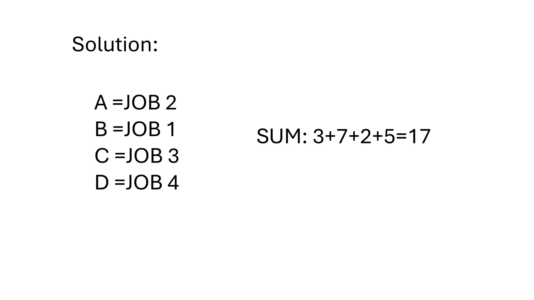 Solution:
A =JOB 2
B =JOB 1
C =JOB 3
D =JOB 4
SUM: 3+7+2+5=17
 