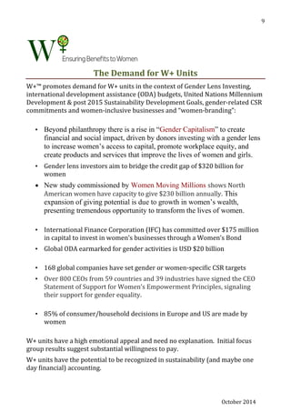 October 2014
9
The Demand for W+ Units
W+™ promotes demand for W+ units in the context of Gender Lens Investing,
international development assistance (ODA) budgets, United Nations Millennium
Development & post 2015 Sustainability Development Goals, gender-related CSR
commitments and women-inclusive businesses and “women-branding”:
• Beyond philanthropy there is a rise in “Gender Capitalism” to create
financial and social impact, driven by donors investing with a gender lens
to increase women’s access to capital, promote workplace equity, and
create products and services that improve the lives of women and girls.
• Gender lens investors aim to bridge the credit gap of $320 billion for
women
 New study commissioned by Women Moving Millions shows North
American women have capacity to give $230 billion annually. This
expansion of giving potential is due to growth in women’s wealth,
presenting tremendous opportunity to transform the lives of women.
• International Finance Corporation (IFC) has committed over $175 million
in capital to invest in women’s businesses through a Women’s Bond
• Global ODA earmarked for gender activities is USD $20 billion
• 168 global companies have set gender or women-specific CSR targets
• Over 800 CEOs from 59 countries and 39 industries have signed the CEO
Statement of Support for Women’s Empowerment Principles, signaling
their support for gender equality.
• 85% of consumer/household decisions in Europe and US are made by
women
W+ units have a high emotional appeal and need no explanation. Initial focus
group results suggest substantial willingness to pay.
W+ units have the potential to be recognized in sustainability (and maybe one
day financial) accounting.
 