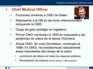 <ul><li>Chief Medical Officer </li></ul><ul><ul><li>Funciones similares a CMO de Gales </li></ul></ul><ul><ul><li>Represen...