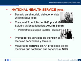 <ul><li>NATIONAL HEALTH SERVICE  (NHS) </li></ul><ul><ul><li>Basado en el modelo del economista  William Beveridge   </li>...