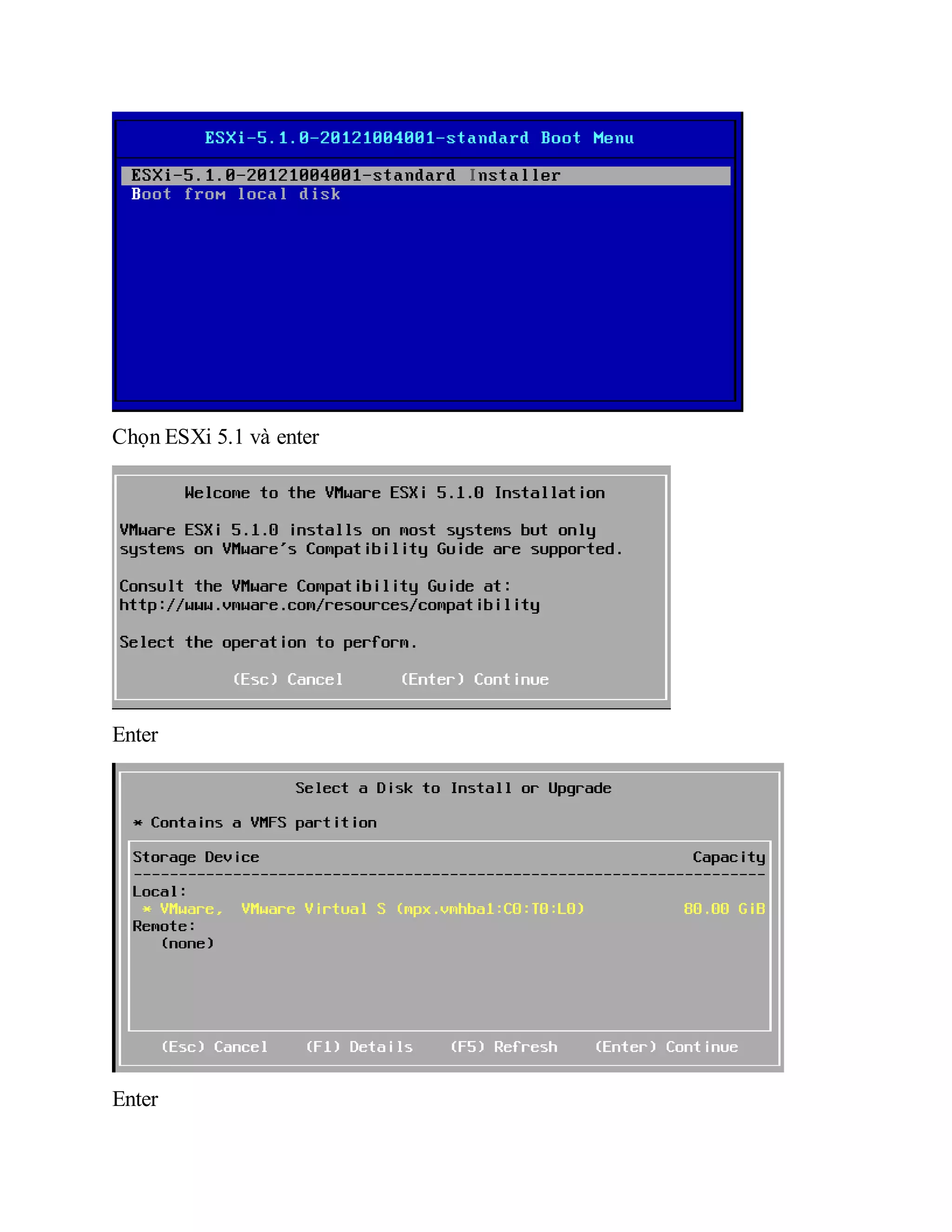 Chọn ESXi 5.1 và enter
Enter
Enter