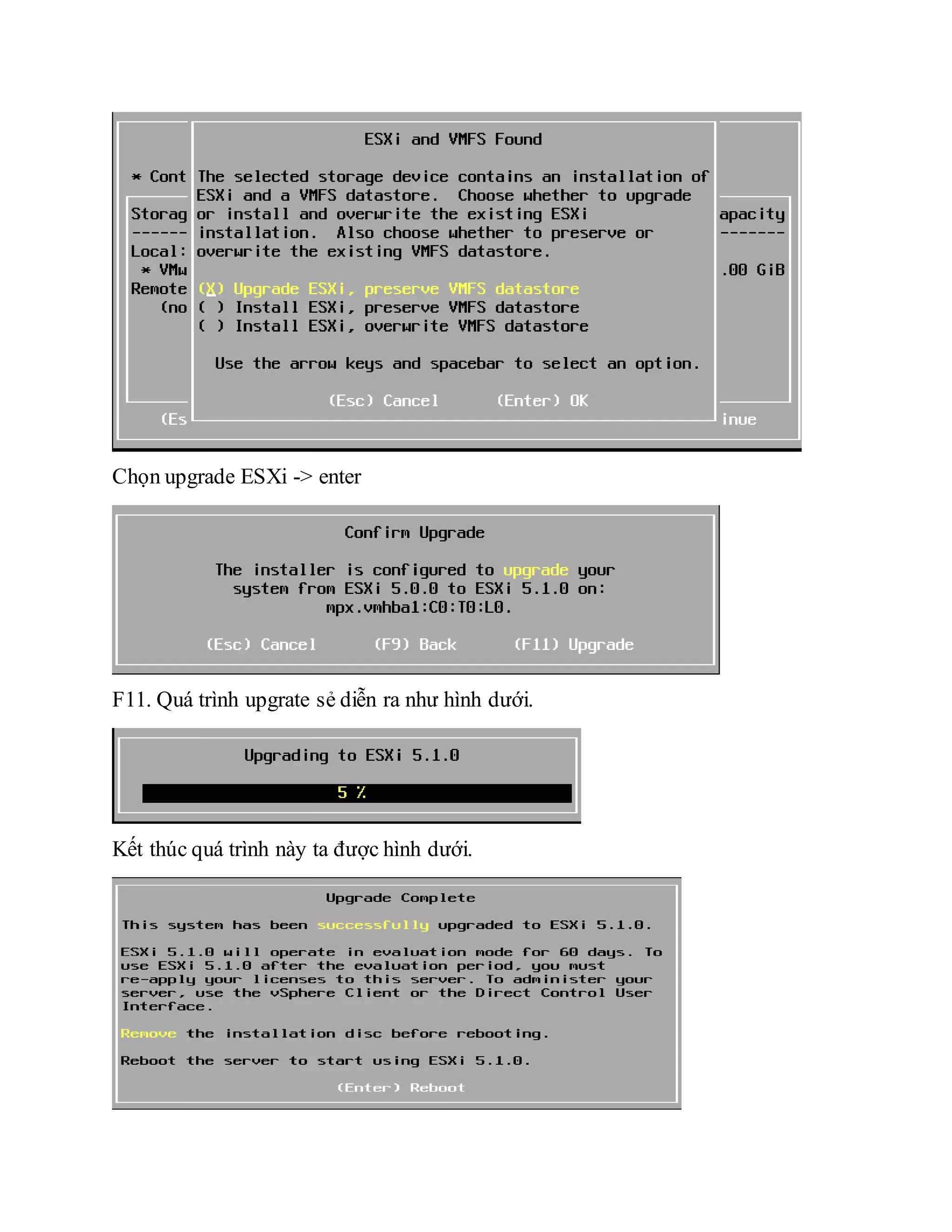 Chọn upgrade ESXi -> enter
F11. Quá trình upgrate sẻ diễn ra như hình dưới.
Kết thúc quá trình này ta được hình dưới.