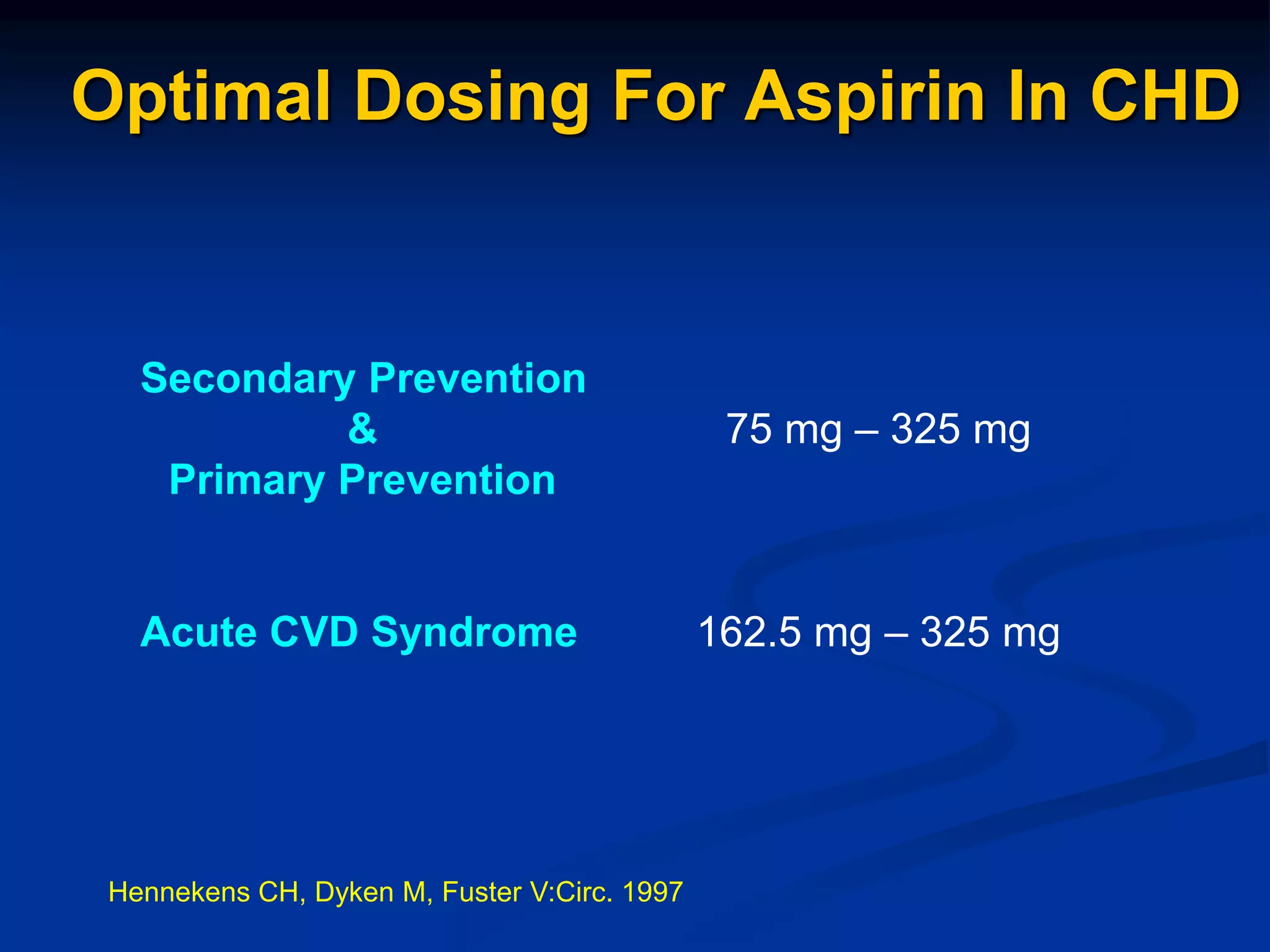 Optimal Dosing For Aspirin In CHD
Secondary Prevention
& 75 mg – 325 mg
Primary Prevention
Acute CVD Syndrome 162.5 mg – 325 mg
Hennekens CH, Dyken M, Fuster V:Circ. 1997
 