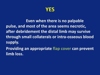 YES
Even when there is no palpable
pulse, and most of the area seems necrotic,
after debridement the distal limb may survive
through small collaterals or intra-osseous blood
supply.
Providing an appropriate flap cover can prevent
limb loss.
 