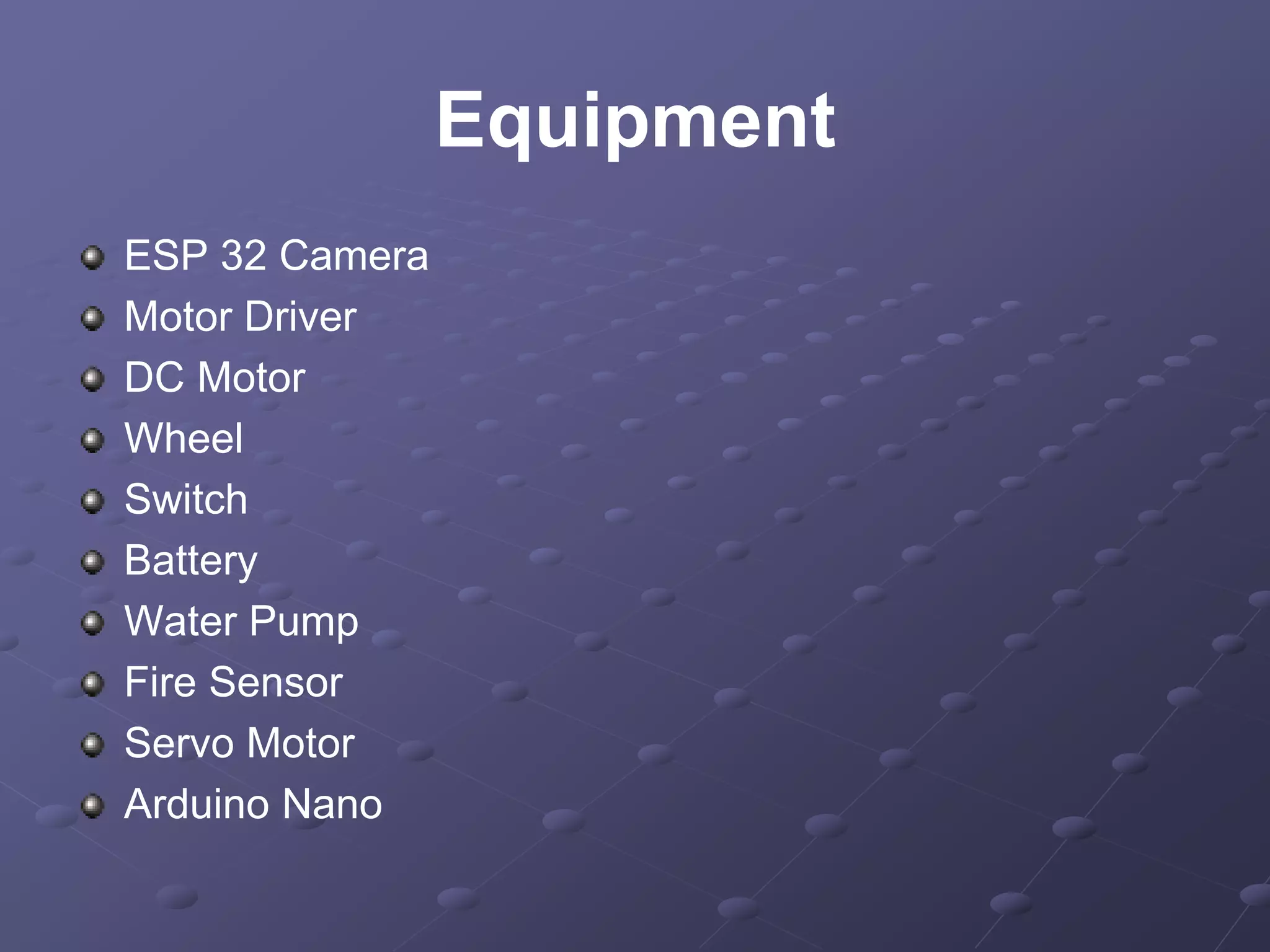 Equipment
ESP 32 Camera
Motor Driver
DC Motor
Wheel
Switch
Battery
Water Pump
Fire Sensor
Servo Motor
Arduino Nano
 