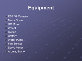 Equipment
ESP 32 Camera
Motor Driver
DC Motor
Wheel
Switch
Battery
Water Pump
Fire Sensor
Servo Motor
Arduino Nano
 