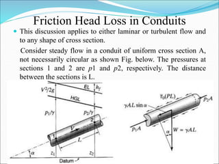Friction Head Loss in Conduits
 This discussion applies to either laminar or turbulent flow and
to any shape of cross section.
Consider steady flow in a conduit of uniform cross section A,
not necessarily circular as shown Fig. below. The pressures at
sections 1 and 2 are p1 and p2, respectively. The distance
between the sections is L.
 