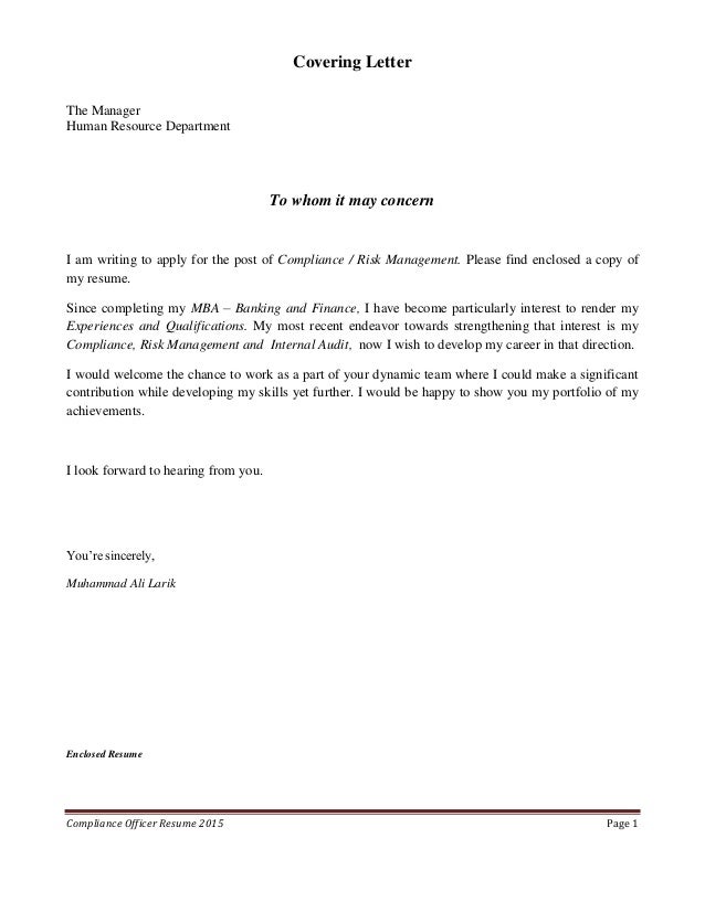 compliance manager cover letter