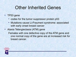 Other Inherited Genes
• TP53 gene
• codes for the tumor suppressor protein p53
• Mutations cause Li-Fraumeni syndrome: ass...