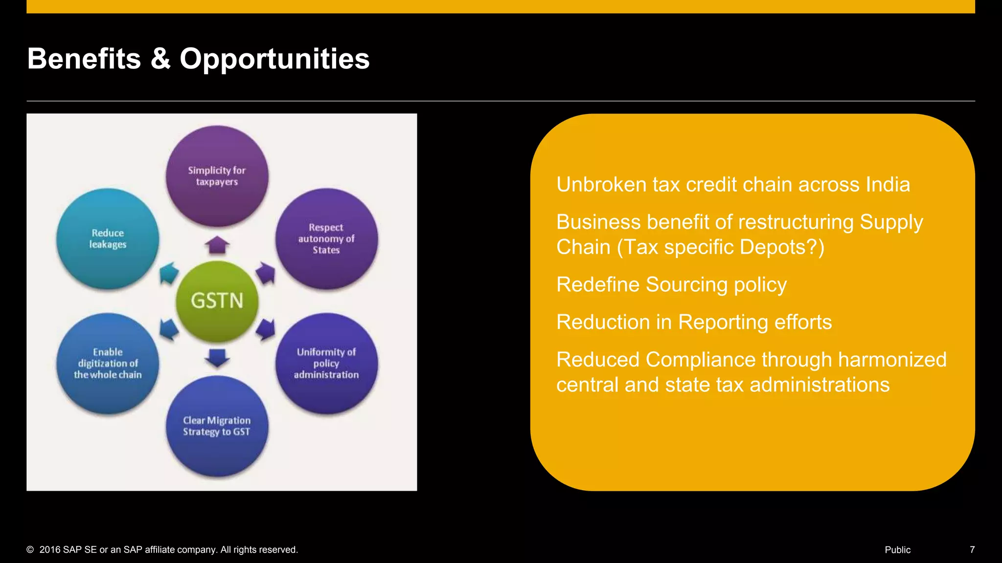 © 2016 SAP SE or an SAP affiliate company. All rights reserved. 7Public
Benefits & Opportunities
Unbroken tax credit chain across India
Business benefit of restructuring Supply
Chain (Tax specific Depots?)
Redefine Sourcing policy
Reduction in Reporting efforts
Reduced Compliance through harmonized
central and state tax administrations
 
