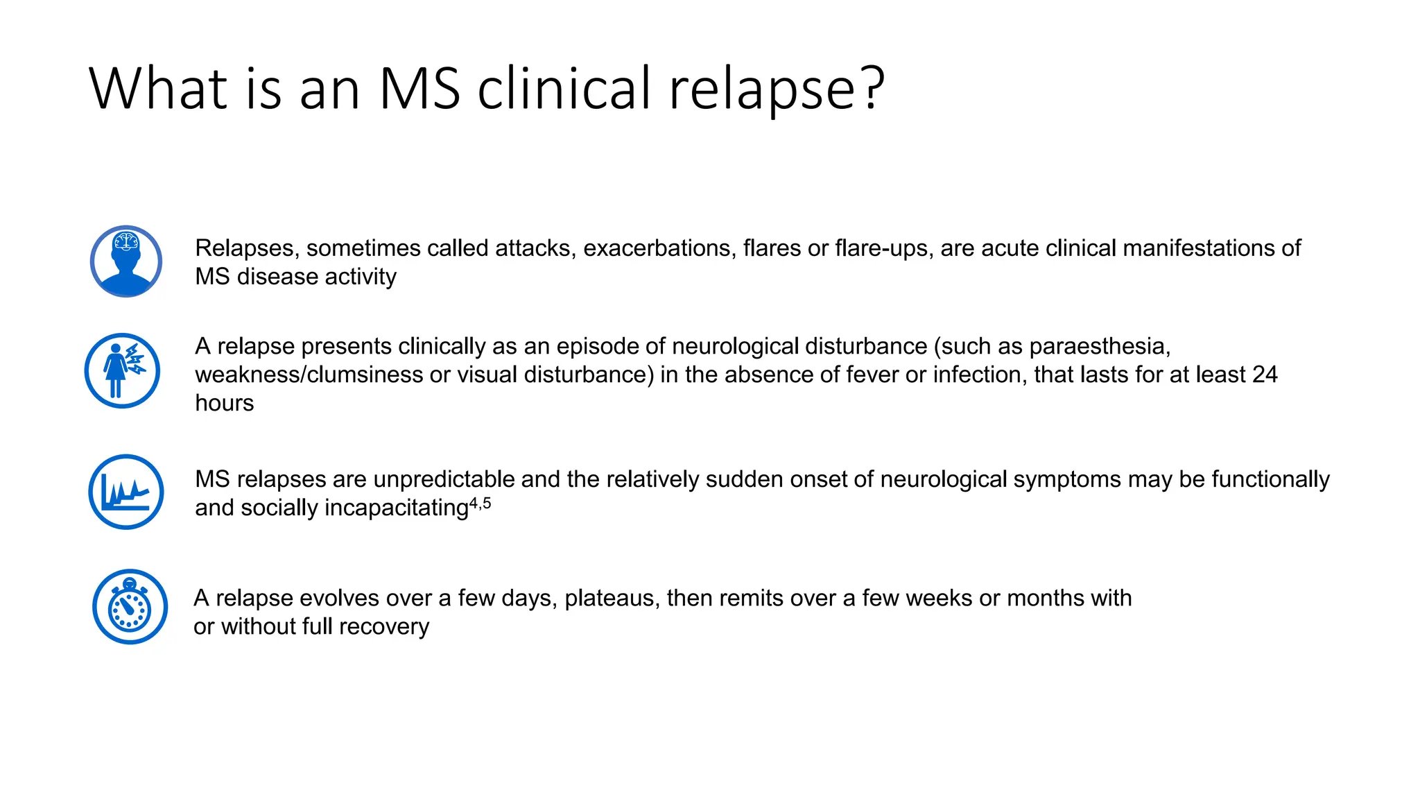 What is an MS clinical relapse?
Relapses, sometimes called attacks, exacerbations, flares or flare-ups, are acute clinical manifestations of
MS disease activity
A relapse evolves over a few days, plateaus, then remits over a few weeks or months with
or without full recovery
MS relapses are unpredictable and the relatively sudden onset of neurological symptoms may be functionally
and socially incapacitating4,5
A relapse presents clinically as an episode of neurological disturbance (such as paraesthesia,
weakness/clumsiness or visual disturbance) in the absence of fever or infection, that lasts for at least 24
hours
 