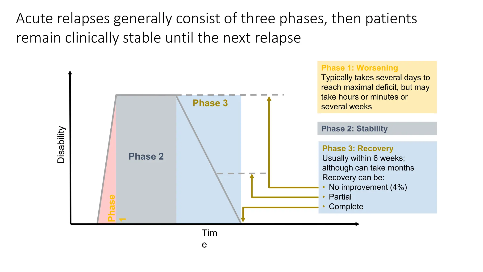 Acute relapses generally consist of three phases, then patients
remain clinically stable until the next relapse
Disability
Tim
e
Phase 1: Worsening
Typically takes several days to
reach maximal deficit, but may
take hours or minutes or
several weeks
Phase 2
Phase 3: Recovery
Usually within 6 weeks;
although can take months
Recovery can be:
• No improvement (4%)
• Partial
• Complete
Phase
1
Phase 3
Phase 2: Stability
 