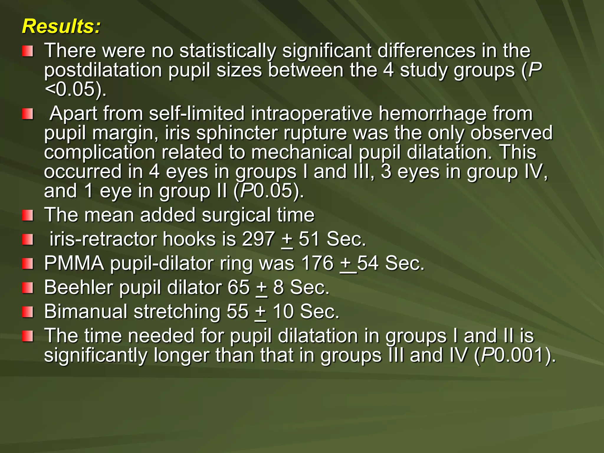 Results:
There were no statistically significant differences in the
postdilatation pupil sizes between the 4 study groups (P
<0.05).
Apart from self-limited intraoperative hemorrhage from
pupil margin, iris sphincter rupture was the only observed
complication related to mechanical pupil dilatation. This
occurred in 4 eyes in groups I and III, 3 eyes in group IV,
and 1 eye in group II (P0.05).
The mean added surgical time
iris-retractor hooks is 297 + 51 Sec.
PMMA pupil-dilator ring was 176 + 54 Sec.
Beehler pupil dilator 65 + 8 Sec.
Bimanual stretching 55 + 10 Sec.
The time needed for pupil dilatation in groups I and II is
significantly longer than that in groups III and IV (P0.001).
 