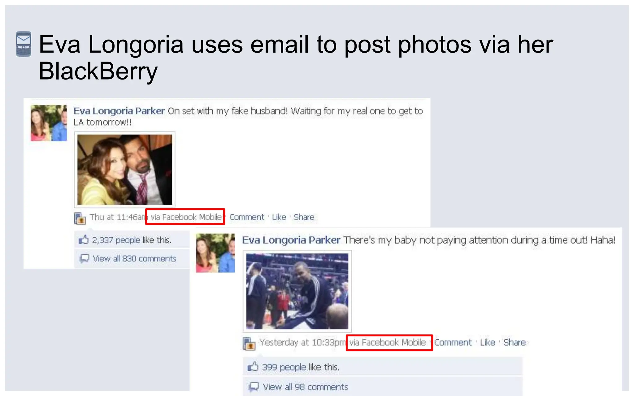 Eva Longoria uses email to post photos via her BlackBerry