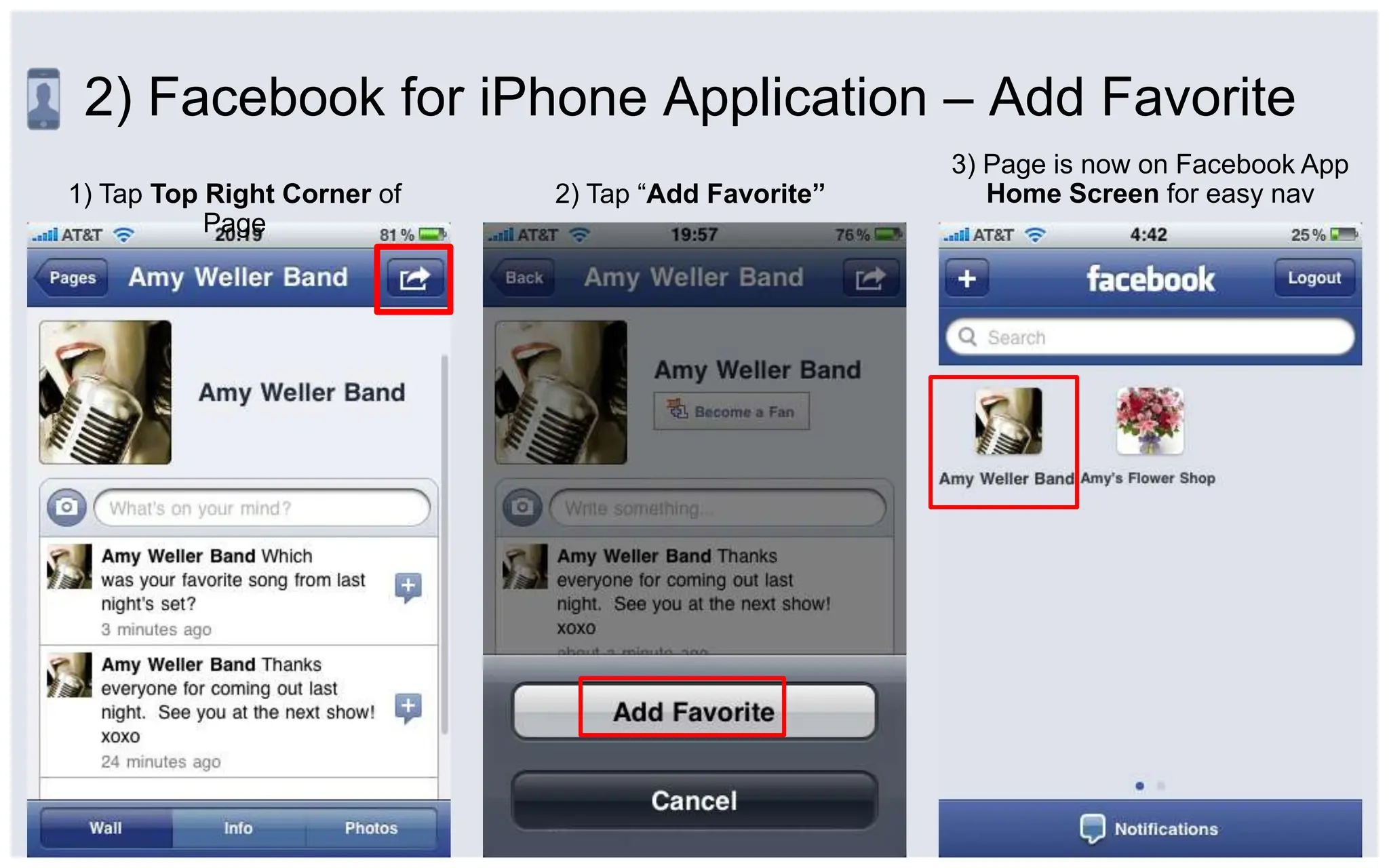 2) Facebook for iPhone Application – Add Favorite3) Page is now on Facebook App Home Screen for easy nav1) Tap Top Right Corner of Page2) Tap “Add Favorite”