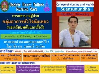 !
!
!
!
!
!
!
!!!
!
!
!
!
!
!
พย.บ. (เกียรตินิยม)!
RTU Ubon
พย.ม.การพยาบาลผู้ใหญ่!
HCU
ปร.ด. การบริหารการพาบาล!
CTU	 :	 กำลังศึกษา
ติดต่อ : Tel. 095-849-9681, Line ID : nutt-chut , E-mail:nutt_chut@hotmail.comการศึกษา
เฉพาะทางการพยาบาลสาขา:-
1. Cath-Lab
สถาบันโรคทรวงอก
2. ฟอกเลือดด้วยเครื่องไตเทียม
มหาวิทยาลัยนวมินทราธิราช
3. ศาสตร์และศิลปะการสอนพยาบาล
จุฬาลงกรณ์มหาวิทยาลัย
5 . ผู้สูงอายุ
มหาวิทยาลัยมหิดล
โดย ชัชวาล วงค์สารี (อ.นัท)
4. การพยาบาลโรคผิวหนัง
สถาบันโรคผิวหนัง
น.บ. (นิติศาสตร์)!
TU	 :	 กำลังศึกษา
!
Rajabhat University
College of Nursing and Health
Suansunundha
การพยาบาลผู้ป่วย!
กลุ่มอาการหัวใจล้มเหลว!
ระยะเฉียบพลันและเรื้อรัง
Lecture No. 9 / 27 มิ.ย.60 / 13.00-16.00 น.
บรรยายแก่ นศ.พยาบาลศาสตร์ ปี 2
(เอกสารโรคหัวใจชิ้นที่ 4/7)
Update Heart Failure
Nursing Care
Update Heart Failure
Nursing Care
 
