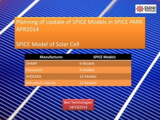 Planning of Update of SPICE Models in SPICE PARK
APR2014

SPICE Model of Solar Cell
Manufacturer

SPICE Models

SHARP

6 Models

Panasonic

4 Models

KYOCERA

15 Models

Mitsubishi Electric

12 Models

Bee Technologies
18FEB2014

 