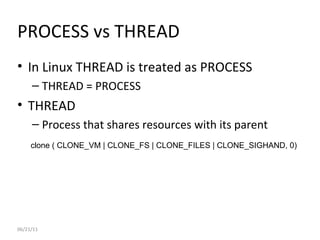 06/21/11 PROCESS vs THREAD In Linux THREAD is treated as PROCESS THREAD = PROCESS THREAD Process that shares resources   with its parent clone ( CLONE_VM | CLONE_FS | CLONE_FILES | CLONE_SIGHAND, 0) 