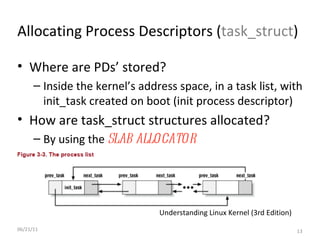 06/21/11 Allocating Process Descriptors ( task_struct ) Where are PDs’ stored? Inside the kernel’s address space, in a task list, with init_task created on boot (init process descriptor) How are task_struct structures allocated? By using the  SLAB ALLOCATOR Understanding Linux Kernel (3rd Edition) 