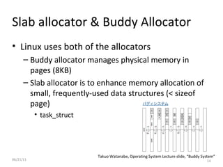 06/21/11 Slab allocator & Buddy Allocator Linux uses both of the allocators Buddy allocator manages physical memory in pages (8KB)  Slab allocator is to enhance memory allocation of small, frequently-used data structures (< sizeof page) task_struct Takuo Watanabe, Operating System Lecture slide, “Buddy System” 