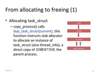 06/21/11 From allocating to freeing (1) Allocating task_struct copy_process() calls  dup_task_struct(current),  this function instructs slab allocator to allocate an instance of task_struct (also thread_info), a direct copy of  current task,  the parent process. 