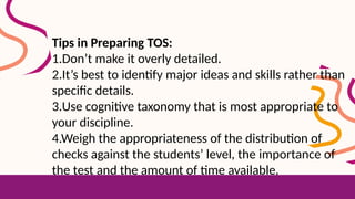 Tips in Preparing TOS:
1.Don’t make it overly detailed.
2.It’s best to identify major ideas and skills rather than
specific details.
3.Use cognitive taxonomy that is most appropriate to
your discipline.
4.Weigh the appropriateness of the distribution of
checks against the students’ level, the importance of
the test and the amount of time available.
 