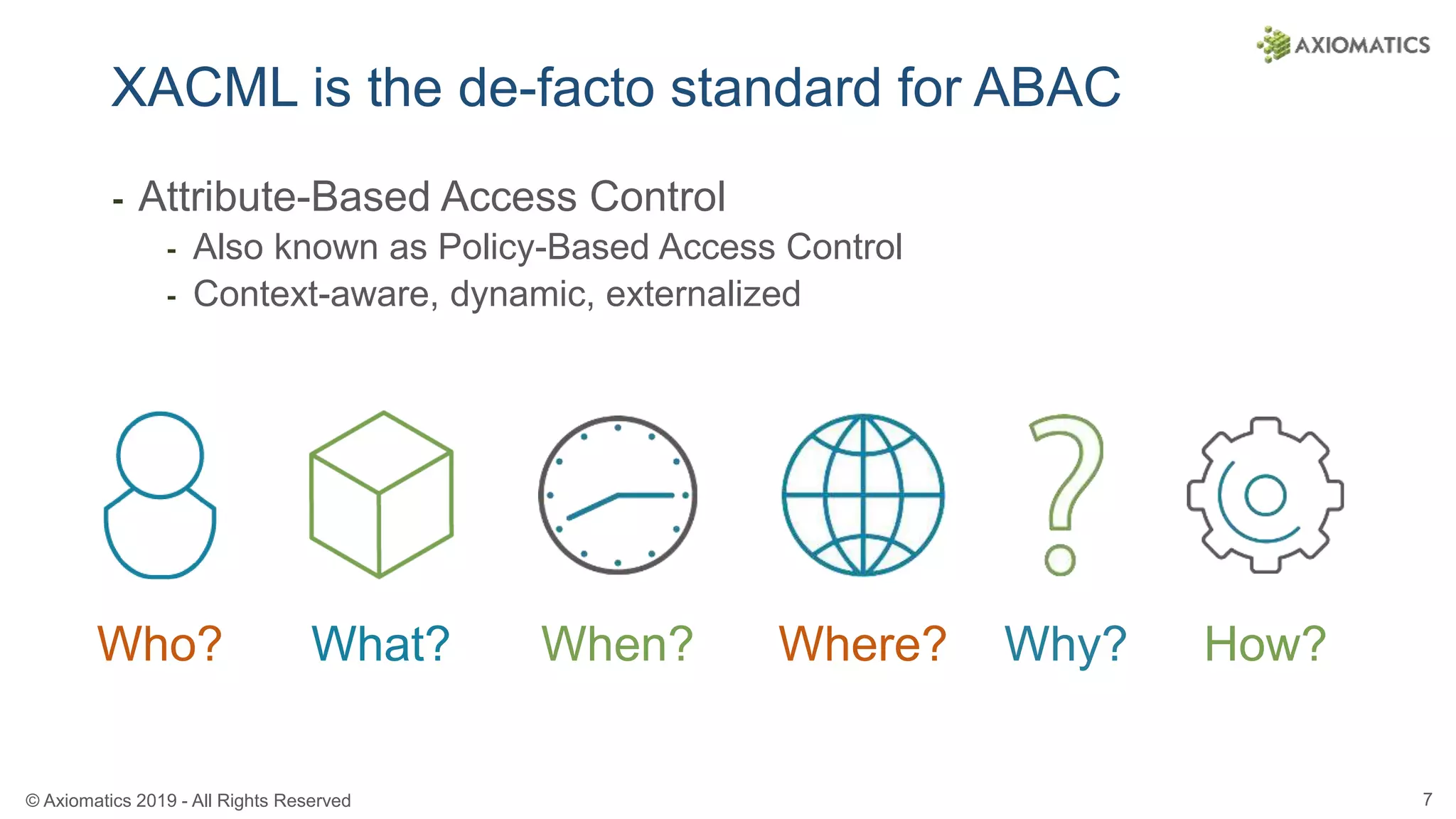 © Axiomatics 2019 - All Rights Reserved 7
XACML is the de-facto standard for ABAC
⁃ Attribute-Based Access Control
⁃ Also known as Policy-Based Access Control
⁃ Context-aware, dynamic, externalized
Who? What? When? Where? Why? How?
 