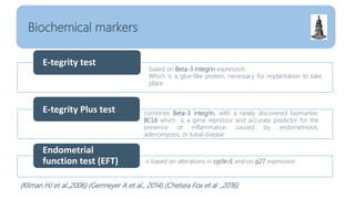 Biochemical markers
E-tegrity test
E-tegrity Plus test
Endometrial
function test (EFT)
based on Beta-3 integrin expression
Which is a glue-like protein, necessary for implantation to take
place
combines Beta-3 integrin, with a newly discovered biomarker,
BCL6 which is a gene repressor and accurate predictor for the
presence of inflammation caused by endometriosis,
adenomyosis, or tubal disease
is based on alterations in cyclin E and on p27 expression
(Kliman HJ et al.,2006) (Germeyer A et al., 2014) (Chelsea Fox et al .,2016)
 