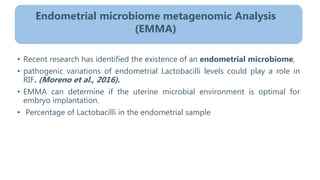 • Recent research has identified the existence of an endometrial microbiome,
• pathogenic variations of endometrial Lactobacilli levels could play a role in
RIF. (Moreno et al., 2016).
• EMMA can determine if the uterine microbial environment is optimal for
embryo implantation.
• Percentage of Lactobacilli in the endometrial sample
Endometrial microbiome metagenomic Analysis
(EMMA)
 
