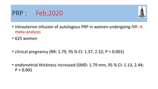PRP : Feb,2020
• Intrauterine infusion of autologous PRP in women undergoing IVF: A
meta-analysis
• 625 women
• clinical pregnancy (RR: 1.79, 95 % CI: 1.37, 2.32; P < 0.001)
• endometrial thickness increased (SMD: 1.79 mm, 95 % CI: 1.13, 2.44;
P < 0.001
 