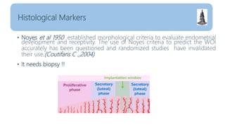 • Noyes et al 1950 established morphological criteria to evaluate endometrial
development and receptivity. The use of Noyes criteria to predict the WOI
accurately has been questioned and randomized studies have invalidated
their use.(Coutifaris C .,2004)
• It needs biopsy !!
Histological Markers
 
