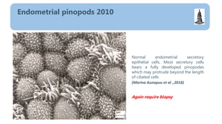 Endometrial pinopods 2010
Normal endometrial secretory
epithelial cells. Most secretory cells
bears a fully developed pinopodes
which may protrude beyond the length
of ciliated cells
(Marina Aunapuu et al .,2018)
Again require biopsy
 