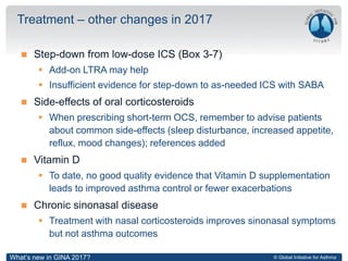© Global Initiative for Asthma
 Step-down from low-dose ICS (Box 3-7)
 Add-on LTRA may help
 Insufficient evidence for step-down to as-needed ICS with SABA
 Side-effects of oral corticosteroids
 When prescribing short-term OCS, remember to advise patients
about common side-effects (sleep disturbance, increased appetite,
reflux, mood changes); references added
 Vitamin D
 To date, no good quality evidence that Vitamin D supplementation
leads to improved asthma control or fewer exacerbations
 Chronic sinonasal disease
 Treatment with nasal corticosteroids improves sinonasal symptoms
but not asthma outcomes
Treatment – other changes in 2017
What’s new in GINA 2017?
 