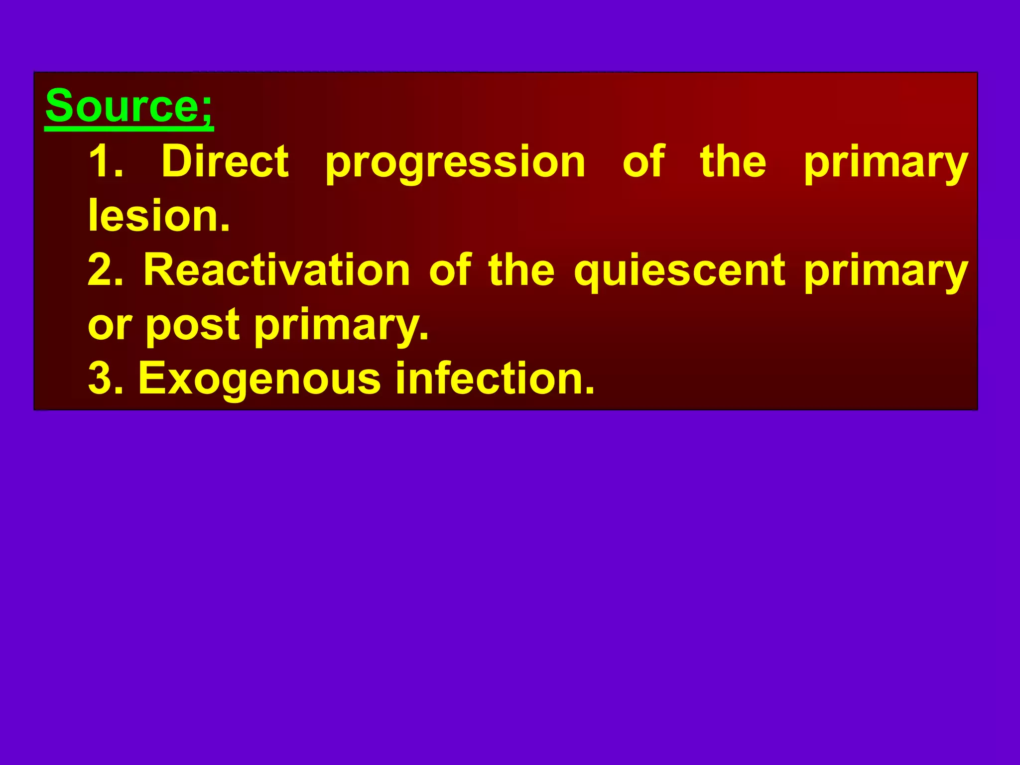 Source;
1. Direct progression of the primary
lesion.
2. Reactivation of the quiescent primary
or post primary.
3. Exogenous infection.

 