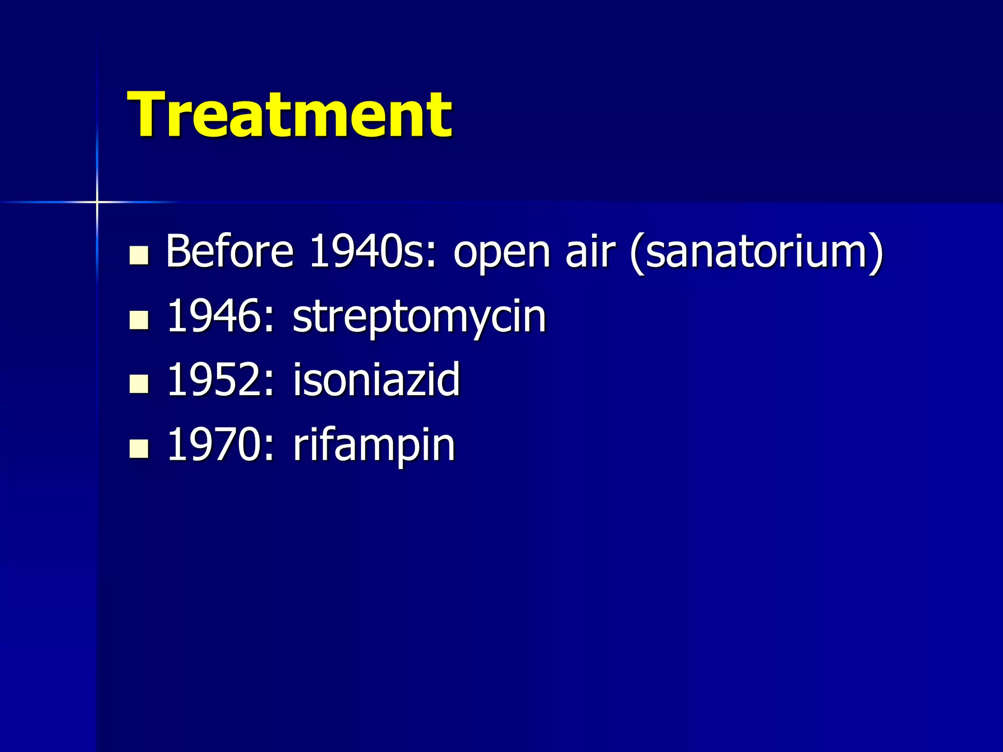 Treatment






Before 1940s: open air (sanatorium)
1946: streptomycin
1952: isoniazid
1970: rifampin

 