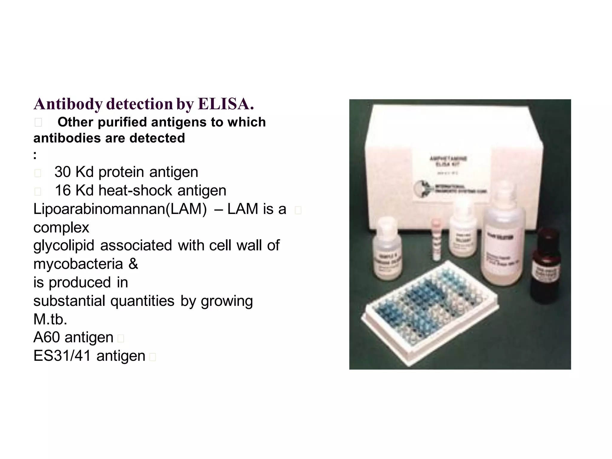 Antibody detection by ELISA.
􀂄 Other purified antigens to which
antibodies are detected
:

30 Kd protein antigen
􀂄 16 Kd heat-shock antigen
Lipoarabinomannan(LAM) – LAM is a
complex
glycolipid associated with cell wall of
mycobacteria &
is produced in
substantial quantities by growing
M.tb.
A60 antigen 􀂄
ES31/41 antigen 􀂄
􀂄

􀂄

 