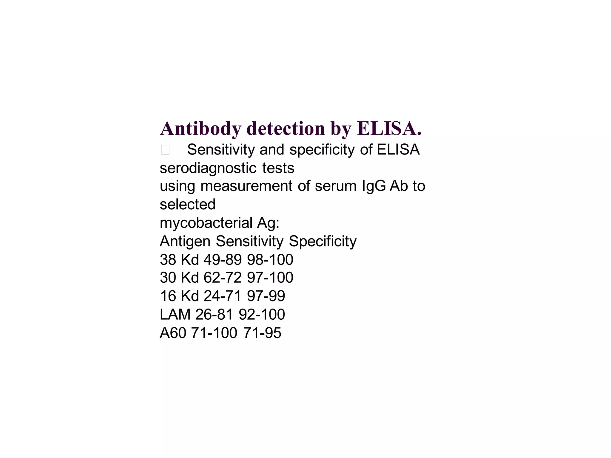 Antibody detection by ELISA.
􀂄 Sensitivity and specificity of ELISA
serodiagnostic tests
using measurement of serum IgG Ab to
selected
mycobacterial Ag:
Antigen Sensitivity Specificity
38 Kd 49-89 98-100
30 Kd 62-72 97-100
16 Kd 24-71 97-99
LAM 26-81 92-100
A60 71-100 71-95

 