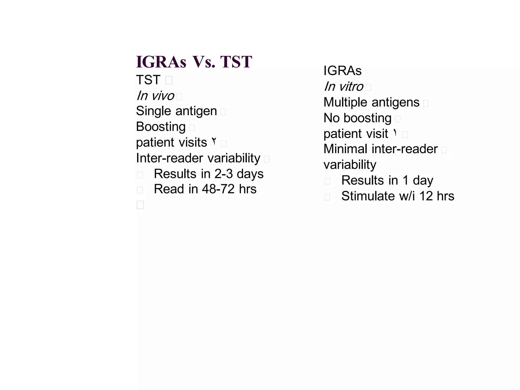 IGRAs Vs. TST

IGRAs

TST 􀂄

In vivo

In vitro

􀂄

Single antigen 􀂄
Boosting 􀂄
patient visits 2 􀂄
Inter-reader variability
􀂄 Results in 2-3 days
􀂄 Read in 48-72 hrs
􀂄

􀂄

􀂄

Multiple antigens 􀂄
No boosting 􀂄
patient visit 1 􀂄
Minimal inter-reader 􀂄
variability
􀂄 Results in 1 day
􀂄 Stimulate w/i 12 hrs

 