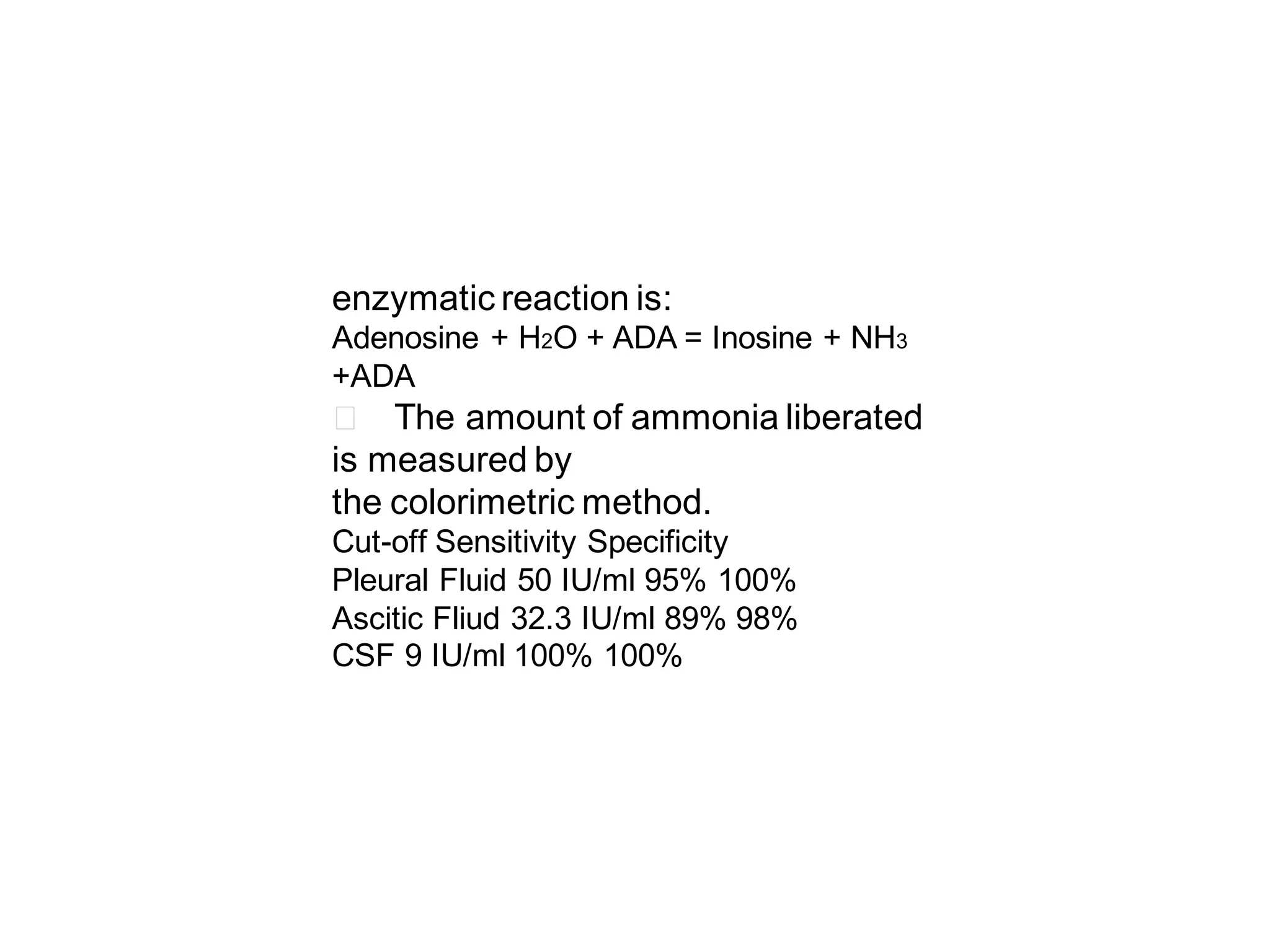 enzymatic reaction is:
Adenosine + H2O + ADA = Inosine + NH3
+ADA

􀂄 The amount of ammonia liberated
is measured by
the colorimetric method.
Cut-off Sensitivity Specificity
Pleural Fluid 50 IU/ml 95% 100%
Ascitic Fliud 32.3 IU/ml 89% 98%
CSF 9 IU/ml 100% 100%

 