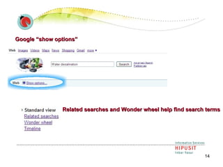 Google “show options” Related searches and Wonder wheel help find search terms 