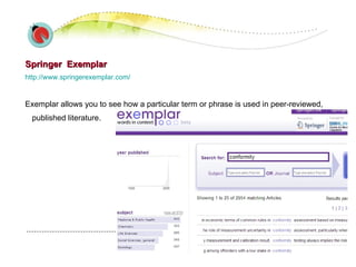 Springer  Exemplar http://www.springerexemplar.com/   Exemplar allows you to see how a particular term or phrase is used in peer-reviewed, published literature. 