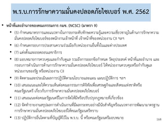 164
พ.ร.บ.การรักษาความมั่นคงปลอดภัยไซเบอร์ พ.ศ. 2562
• หน้าที่และอานาจของคณะกรรมการ กมช. (NCSC) (มาตรา 9)
• (5) กาหนดมาตรการและแนวทางในการยกระดับทักษะความรู้และความเชี่ยวชาญในด้านการรักษาความ
มั่นคงปลอดภัยไซเบอร์ของพนักงานเจ้าหน้าที่ เจ้าหน้าที่ของหน่วยงาน CII ฯลฯ
• (6) กาหนดกรอบการประสานความร่วมมือกับหน่วยงานอื่นทั้งในและต่างประเทศ
• (7) แต่งตั้งและถอดถอนเลขาธิการ
• (8) มอบหมายการควบคุมและกากับดูแล รวมถึงการออกข้อกาหนด วัตถุประสงค์ หน้าที่และอานาจ และ
กรอบการดาเนินการด้านการรักษาความมั่นคงปลอดภัยไซเบอร์ ให้หน่วยงานควบคุมหรือกากับดูแล
หน่วยงานของรัฐ หรือหน่วยงาน CII
• (9) ติดตามและประเมินผลการปฏิบัติตามนโยบายและแผน แผนปฏิบัติการ ฯลฯ
• (10) เสนอแนะและให้ความเห็นต่อคณะกรรมการดิจิทัลเพื่อเศรษฐกิจและสังคมแห่งชาติหรือ
คณะรัฐมนตรี เกี่ยวกับการรักษาความมั่นคงปลอดภัยไซเบอร์
• (11) เสนอแนะต่อคณะรัฐมนตรีในการจัดให้มีหรือปรับปรุงกฎหมายที่เกี่ยวข้อง
• (12) จัดทารายงานสรุปผลการดาเนินงานที่มีผลกระทบอย่างมีนัยสาคัญหรือแนวทางการพัฒนามาตรฐาน
การรักษาความมั่นคงปลอดภัยไซเบอร์ให้คณะรัฐมนตรีทราบ
• (13) ปฏิบัติการอื่นใดตามที่บัญญัติไว้ใน พ.ร.บ. นี้ หรือคณะรัฐมนตรีมอบหมาย
 