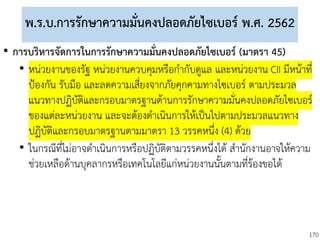 170
พ.ร.บ.การรักษาความมั่นคงปลอดภัยไซเบอร์ พ.ศ. 2562
• การบริหารจัดการในการรักษาความมั่นคงปลอดภัยไซเบอร์ (มาตรา 45)
• หน่วยงานของรัฐ หน่วยงานควบคุมหรือกากับดูแล และหน่วยงาน CII มีหน้าที่
ป้องกัน รับมือ และลดความเสี่ยงจากภัยคุกคามทางไซเบอร์ ตามประมวล
แนวทางปฏิบัติและกรอบมาตรฐานด้านการรักษาความมั่นคงปลอดภัยไซเบอร์
ของแต่ละหน่วยงาน และจะต้องดาเนินการให้เป็นไปตามประมวลแนวทาง
ปฏิบัติและกรอบมาตรฐานตามมาตรา 13 วรรคหนึ่ง (4) ด้วย
• ในกรณีที่ไม่อาจดาเนินการหรือปฏิบัติตามวรรคหนึ่งได้ สานักงานอาจให้ความ
ช่วยเหลือด้านบุคลากรหรือเทคโนโลยีแก่หน่วยงานนั้นตามที่ร้องขอได้
 